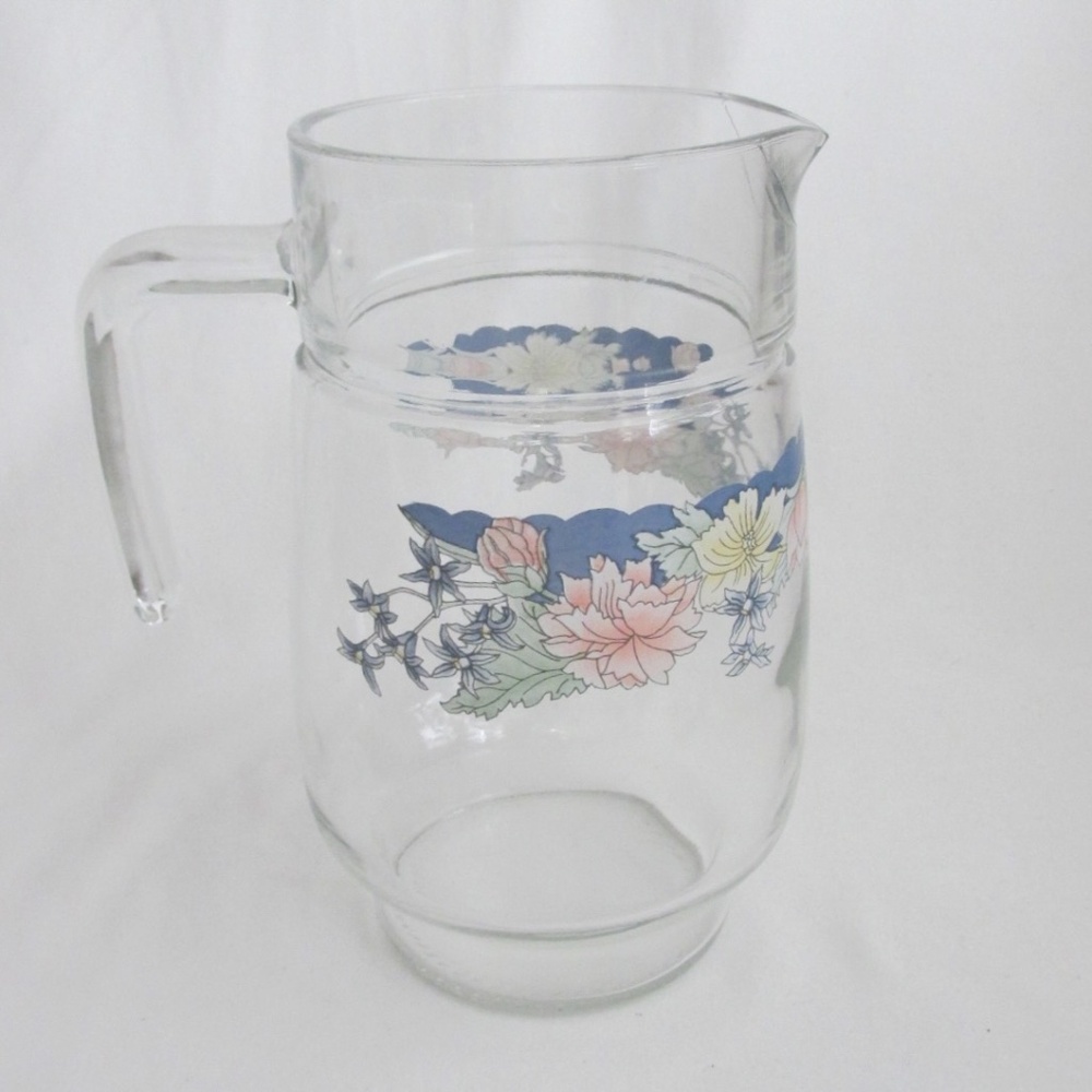 Luminarc Arcopal France Florine Glass Pitcher Carafe Blue Floral